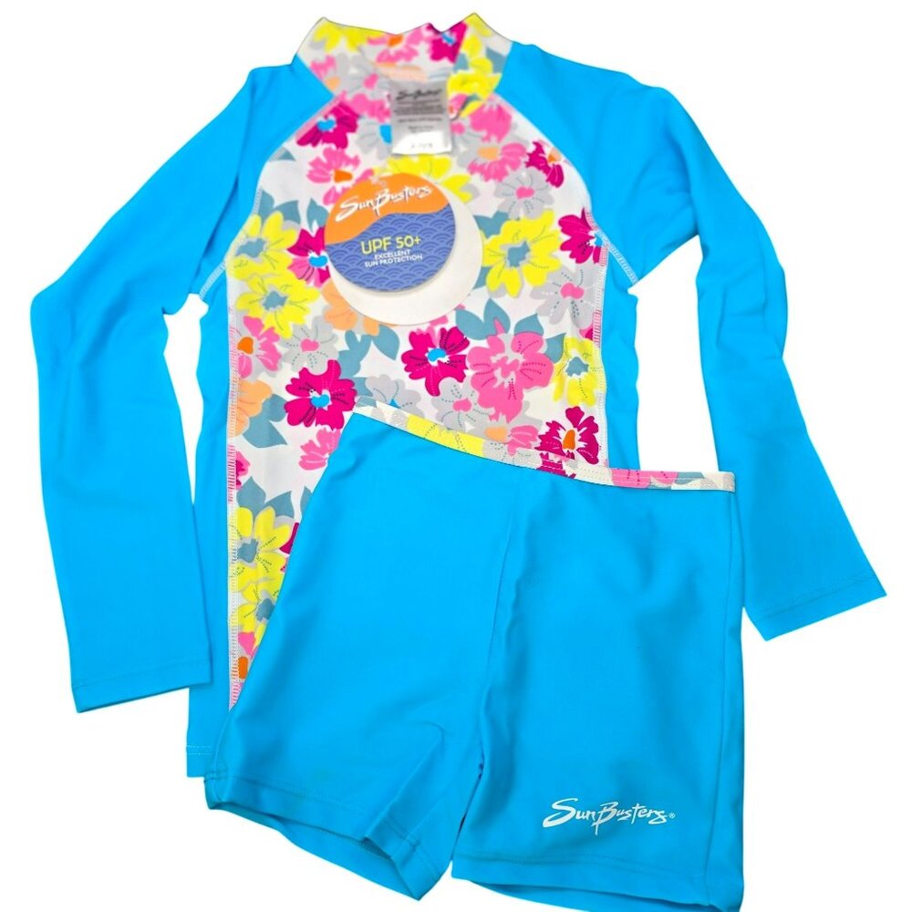 SunBusters Girls UPF 50+ Rash Set Floral Blue 2-3 Long Sleeve & Shorts JJ4129